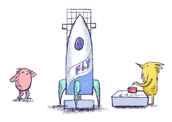 Two characters preparing to launch a Fly rocket